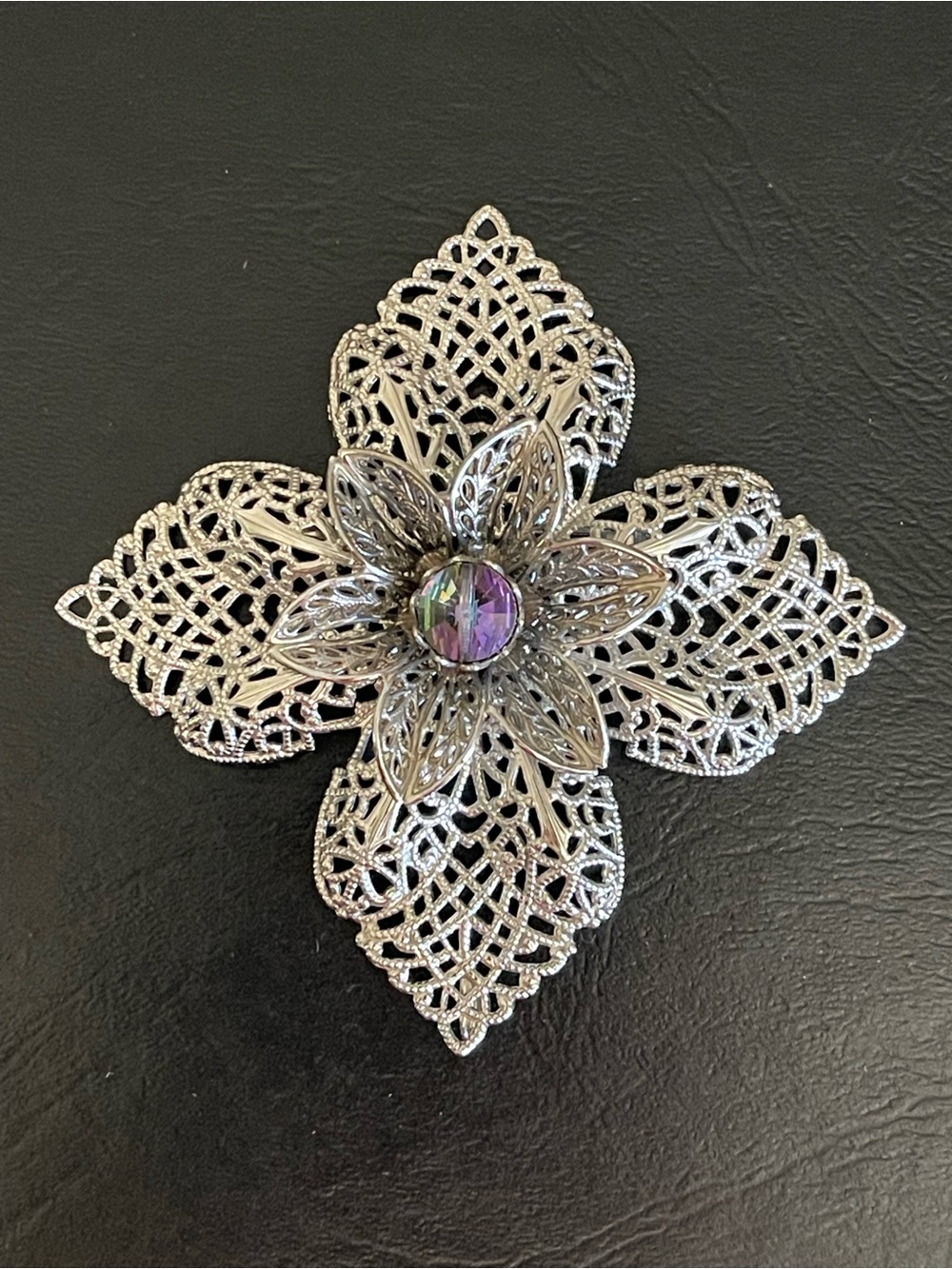 Vintage large Silver Filigree Floral Brooch with Iridescent Center.